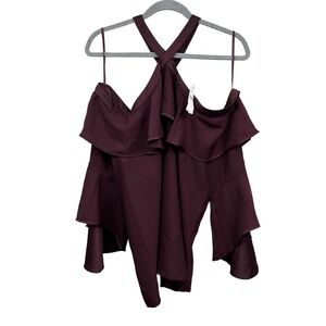 Loft Womens Cold Shoulder Halter Top Blouse Flare 3/4 Sleeve Burgundy Size XXL